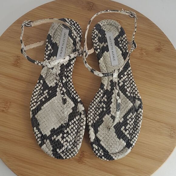 Saks Fifth Avenue Snake Skin Effect Leather Slingback Flat Sandals Size 5.5 - Picture 7 of 10